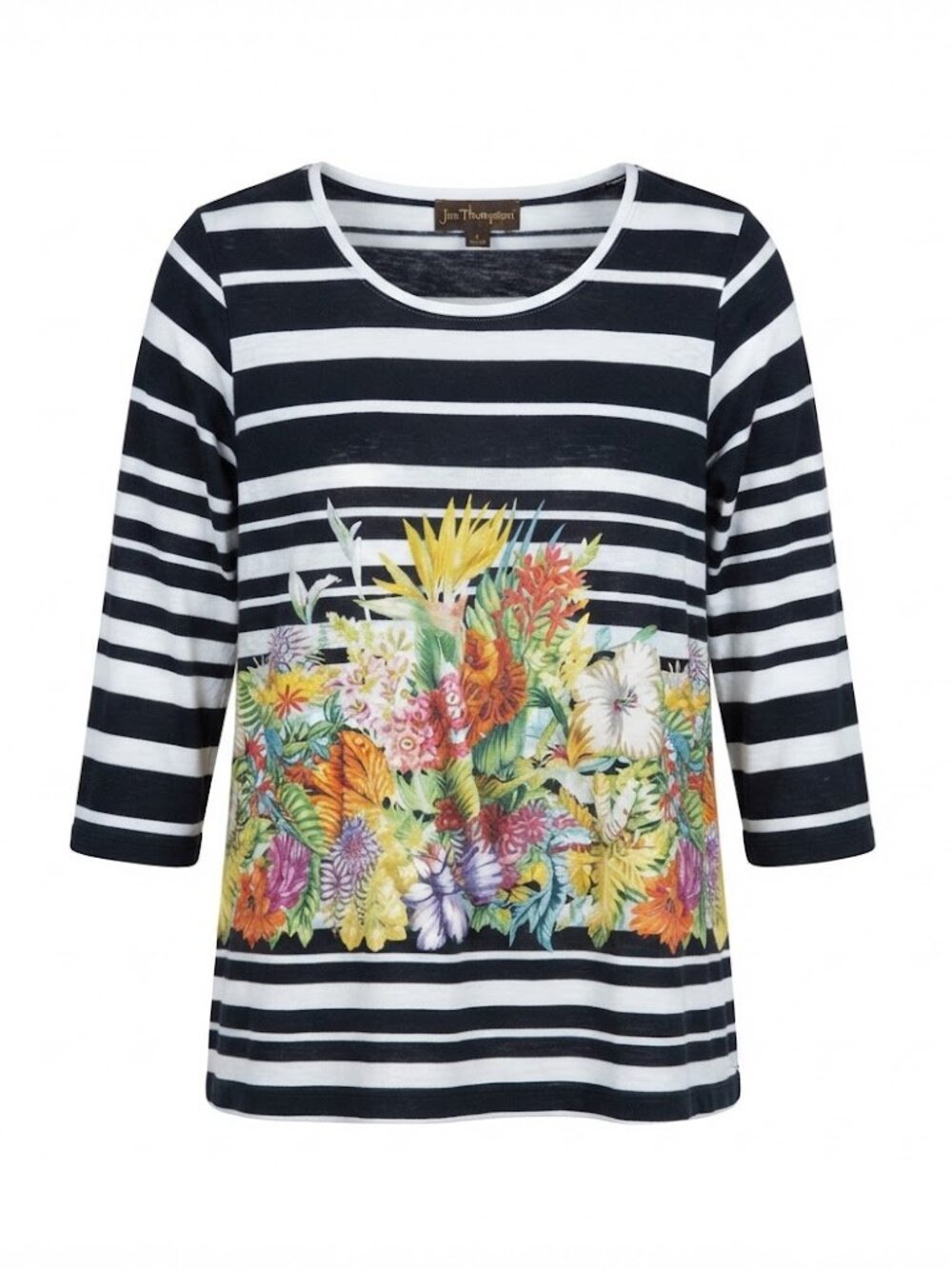 COTTON Jim Thompson Black White Striped Floral Print Top Women's XL 3/4 Sleeve